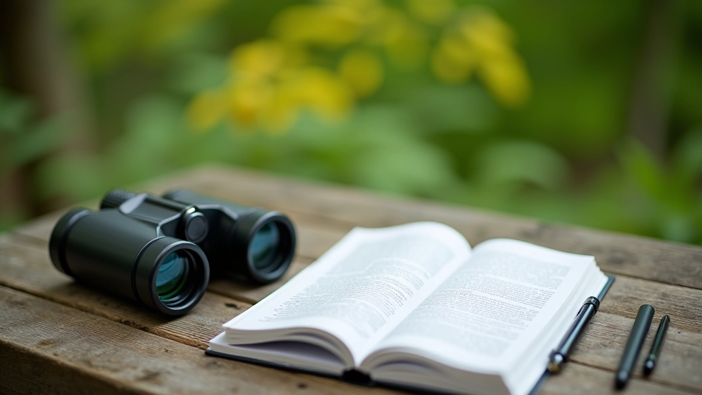 Binoculars, field guide book, and notebook arranged on wooden surface with nature background, overhead view
