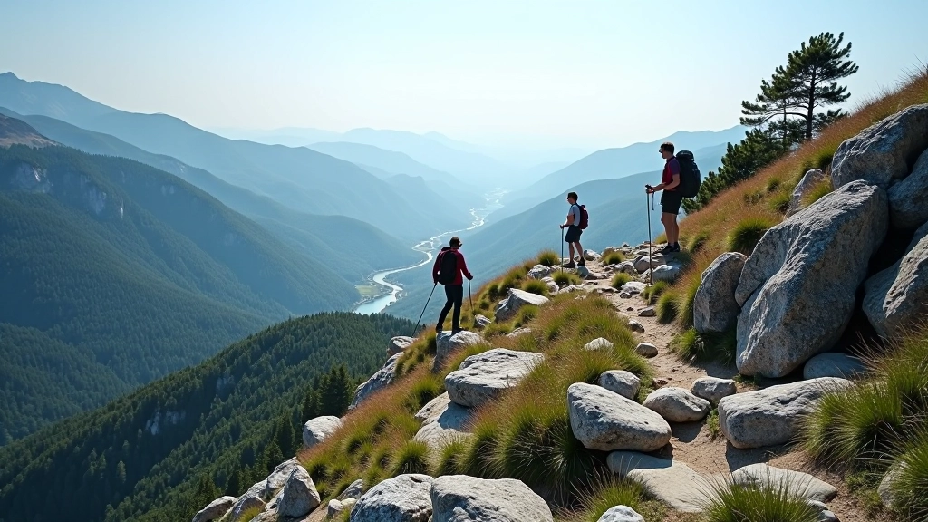 Challenging hiking trail with rocky outcrops and steep elevation, exposed ridge walking with distant valley views