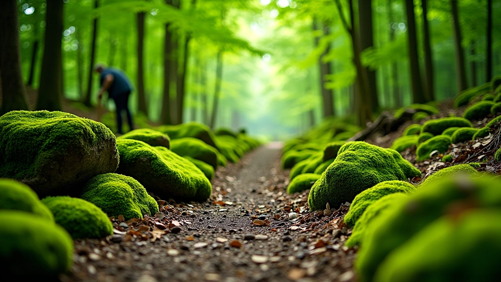 Peaceful forest path with green moss covering stones and filtered sunlight, easy hiking trail through beech forest