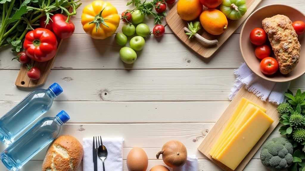 Carefully arranged picnic supplies including water bottles, fresh fruit, bread, cheese, and a folded blanket on wooden surface