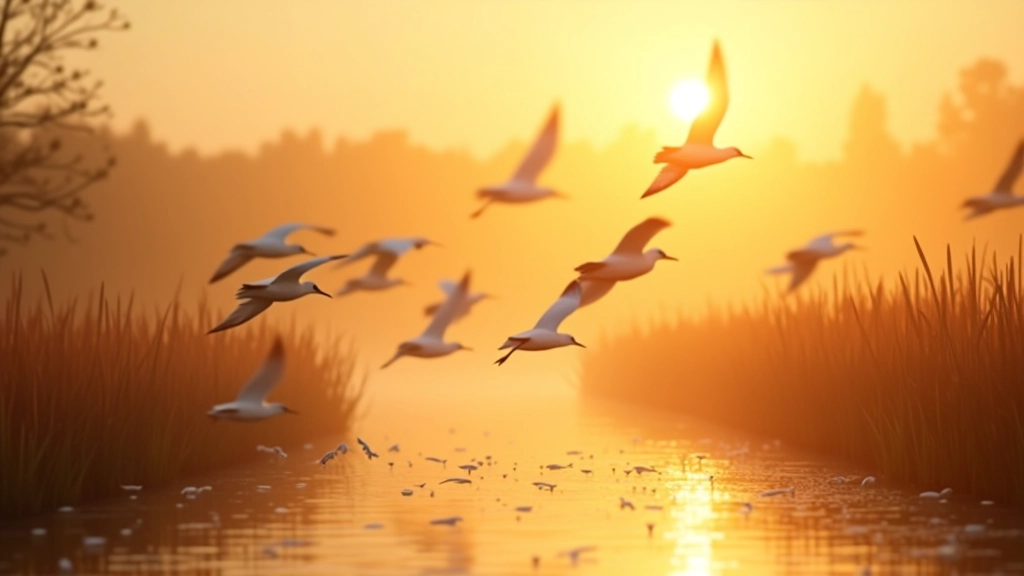 Flock of white storks flying in formation over wetland landscape during spring migration