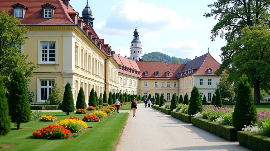 Historic spa town with classical European architecture, thermal buildings, and manicured gardens with visitors walking