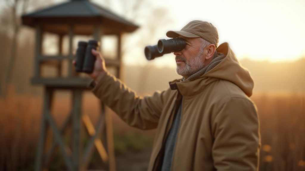 Birdwatcher with binoculars observing from wooden platform at wetland observation tower, early morning light, sharp focus