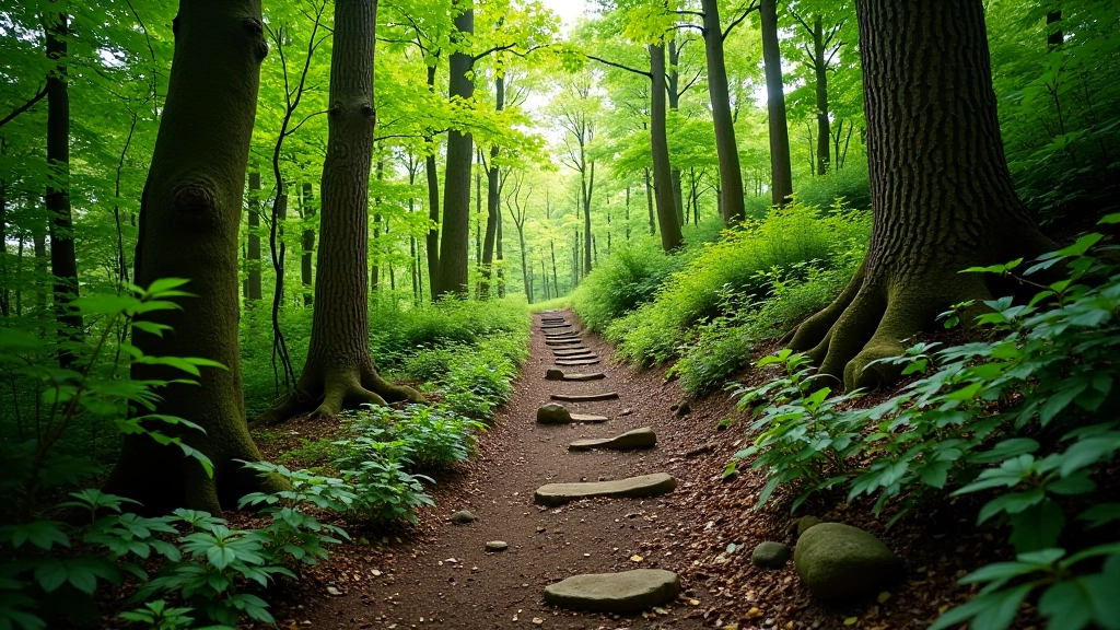 Forest trail ascending through wooded slope with switchbacks, moderate hiking difficulty with rocky terrain