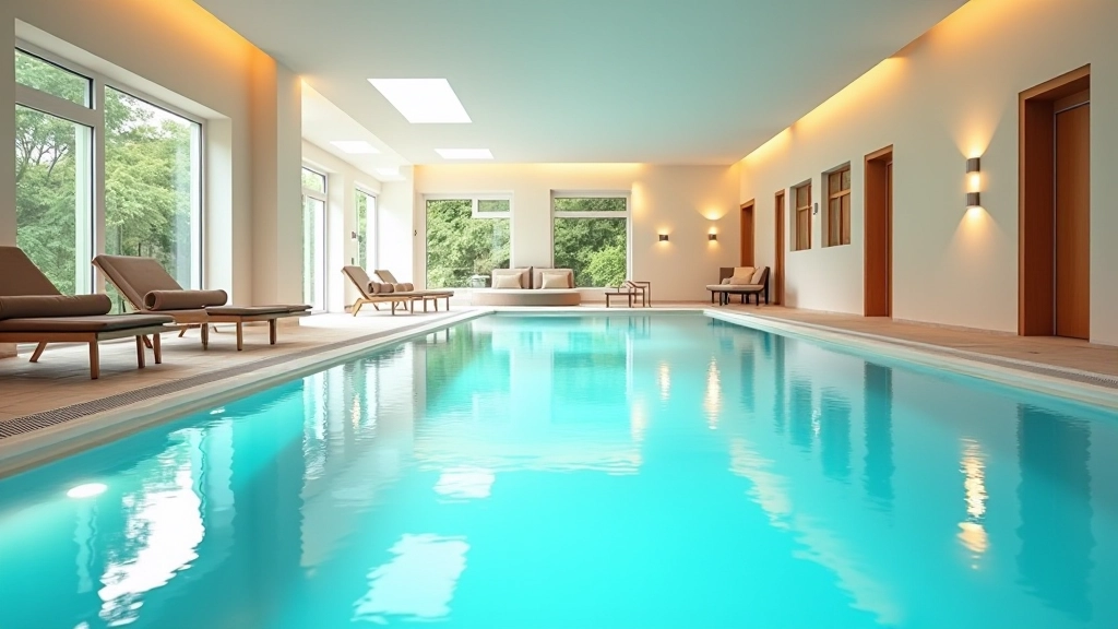 Spa facility with indoor thermal pool, modern architecture, and relaxation area with lounge chairs