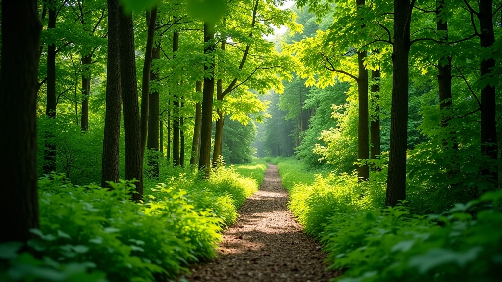 Forest path winding through dense green trees and undergrowth in Podyjí nature reserve