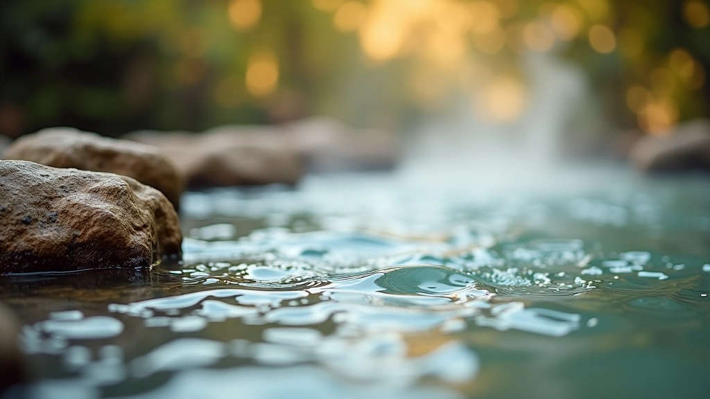 Close-up of thermal spring water with steam rising, mineral deposits visible on rocks around the natural pool