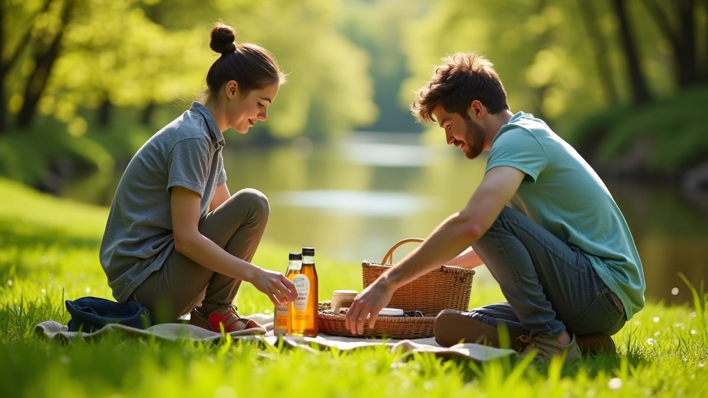 Group of people unpacking picnic baskets on a grassy riverbank near Český Krumlov with clear water visible