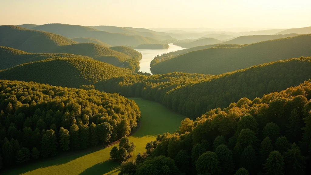 Scenic landscape of Czech countryside with rolling hills and forest, golden afternoon light across green valleys