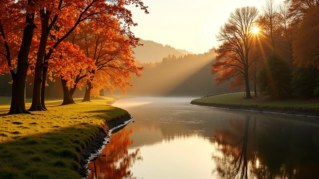 Autumn riverside scene with golden light filtering through trees, river water flowing gently, colorful fallen leaves on grass