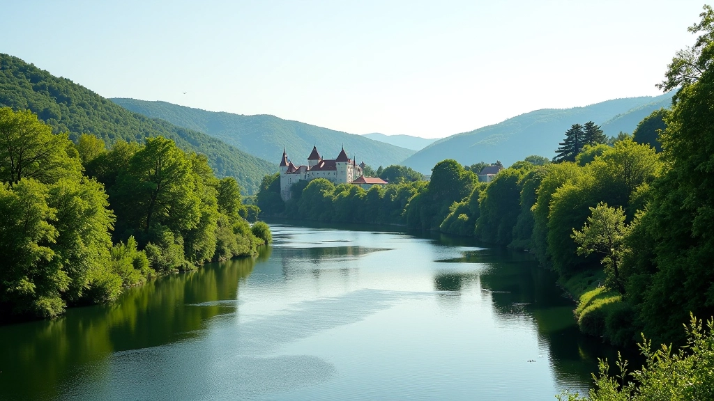 Vltava River flowing through green hillsides near historic Český Krumlov town with castle visible