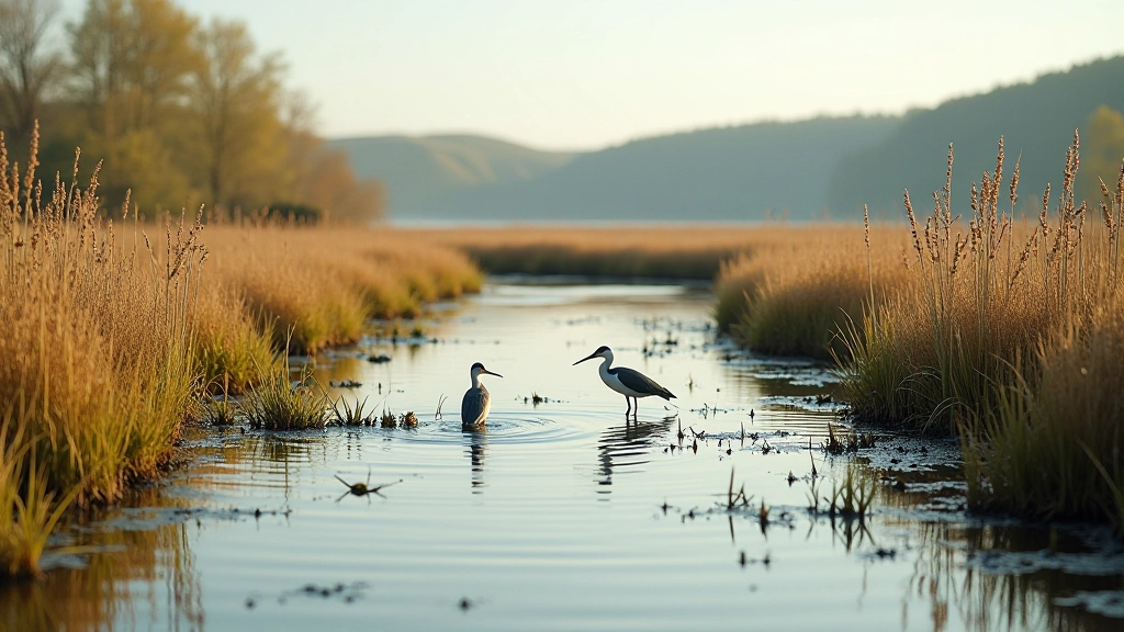 Wetland landscape with water channels, reeds, and birds visible among vegetation in Třeboň